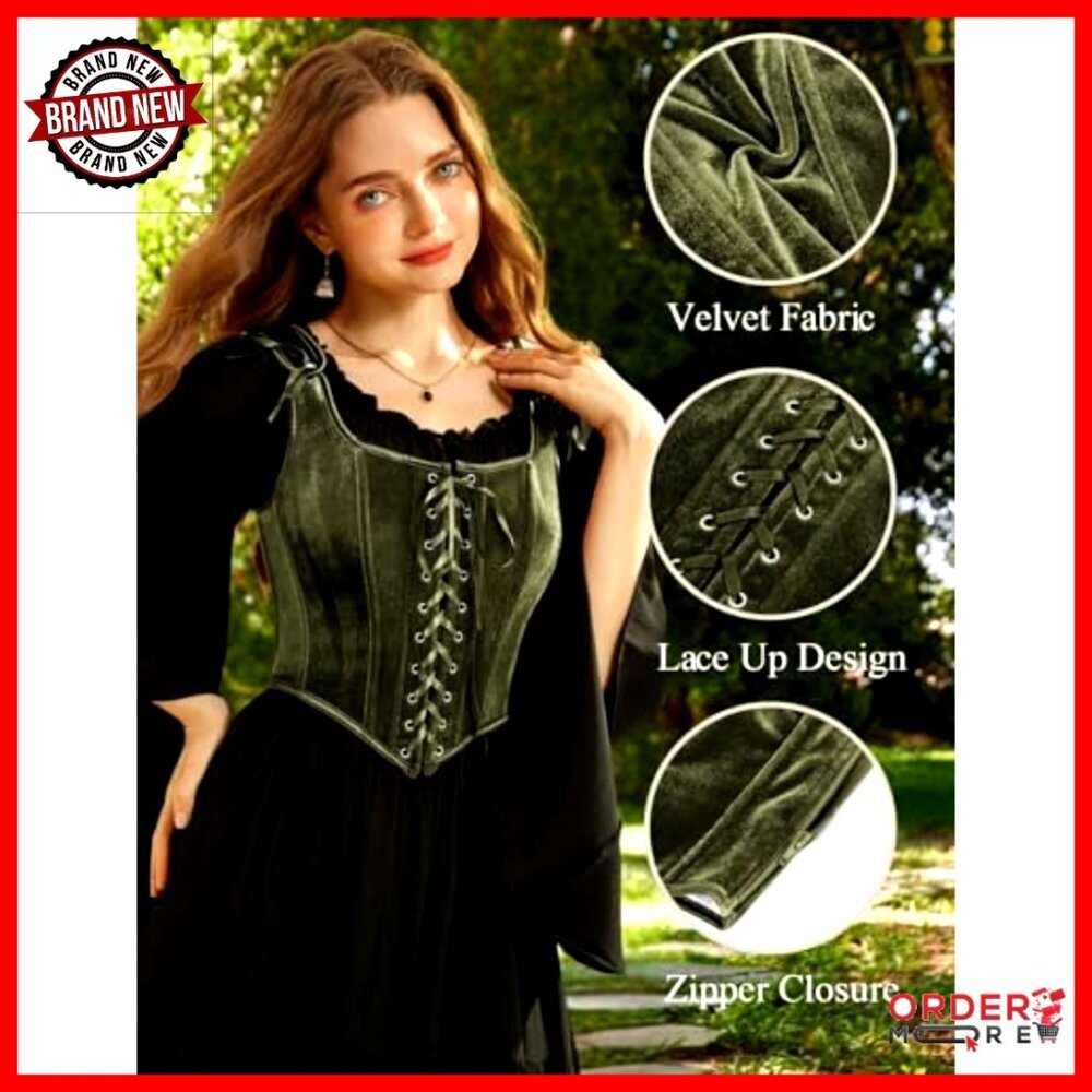 Velvet Overbust Corset Top Renaissance Pirate Lace Up Bodice Vintage Style - Picture 2 of 7